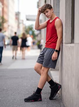 Relaxed-fit athletic mesh shorts in charcoal grey combined with a moisture-wicking red tank top for a performance-ready gym or playground outfit.