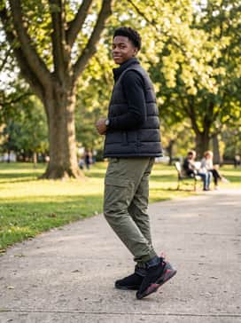 Cargo pants in olive green with a black long-sleeve thermal shirt and a puffer vest for a rugged, outdoor-friendly casual style.
