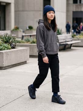 Relaxed black cargo pants paired with an oversized charcoal grey graphic hoodie and a navy beanie for a classic streetwear vibe.