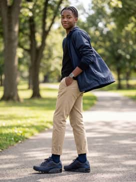 Khaki chino pants with a cuffed hem, a black long-sleeve thermal top, and a lightweight navy windbreaker for a clean, functional look.