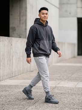 Air Max 90 Premium – A monochromatic techwear-inspired look featuring black tapered cargo joggers, a grey heavyweight oversized hoodie, and a charcoal windbreaker.