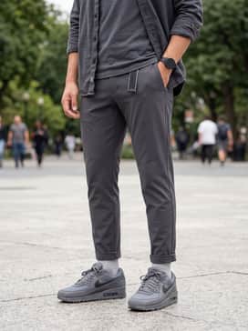 Air Max 90 Premium – A clean casual ensemble with slim-fit dark indigo selvedge denim, a crisp white premium cotton t-shirt, and an unbuttoned charcoal flannel shirt.