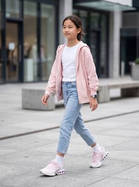 High-waisted light-wash cropped jeans paired with a tucked-in white baby tee and an oversized pale pink zip-up hoodie.