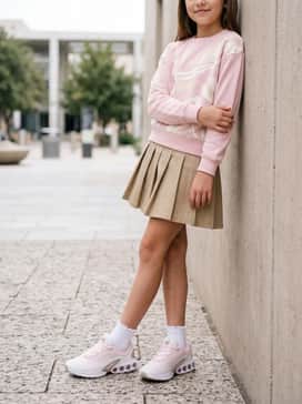 White ruffled ankle socks worn with a pleated khaki tennis skirt and a simple pink graphic crewneck sweater.