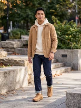 Air Max Dn8 Leather – Slim-fit dark indigo denim jeans paired with a heavyweight cream-colored hoodie and a matching tan chore coat for a rugged, tonal look.