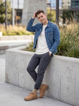 Tailored charcoal grey joggers paired with a crisp white oversized graphic tee and a minimalist blue denim jacket for a clean, athletic silhouette.