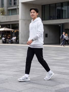 Air Max Dn8 Premium – A pair of black tapered joggers paired with an oversized white graphic hoodie for a classic street-ready look.