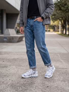 Air Max Dn8 Premium – Medium-wash relaxed jeans with a simple tucked-in black premium cotton t-shirt and a grey bomber jacket.
