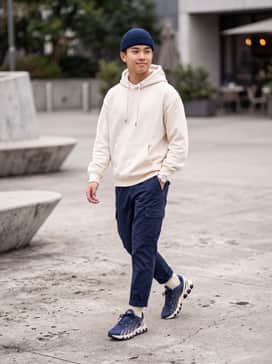 Air Max Dn8 – Tapered navy cargo pants paired with a cream-colored oversized hoodie and a matching navy beanie for a cohesive street look.