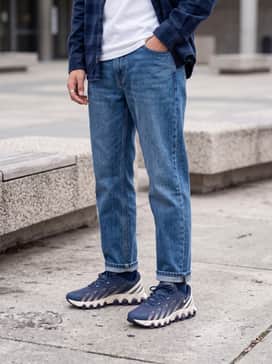 Medium-wash slim jeans with a white graphic tee and an unbuttoned navy flannel shirt for a layered casual vibe.
