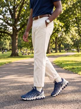 Relaxed-fit cream chinos with a tucked-in navy polo shirt and a silver-toned watch for a clean, modern-preppy ensemble.