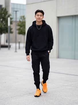 Air Max Dn8 – All-black streetwear ensemble featuring black cargo joggers, a black boxy-fit hoodie, and a silver chain necklace to let the orange pop.