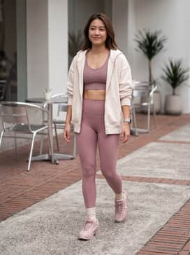 A monochromatic athleisure set featuring mauve high-waisted leggings and a matching ribbed sports bra, layered with an oversized cream-colored zip-up hoodie for a cohesive, comfortable look.