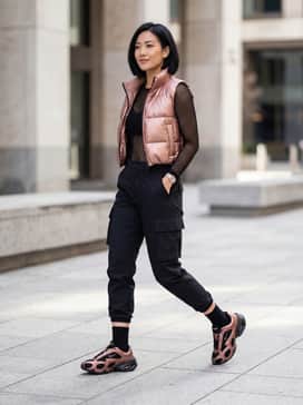 Air Max Muse Rose Gold – Matte black utility cargo pants with adjustable toggle hems, paired with a fitted black mesh bodysuit and a cropped metallic rose gold puffer vest for a coordinated techwear aesthetic.