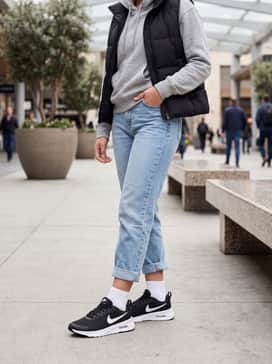 Air Max Nuaxis – Cuffed light-wash boyfriend jeans worn with a tucked-in grey hoodie and a black puffer vest for a layered, urban aesthetic.