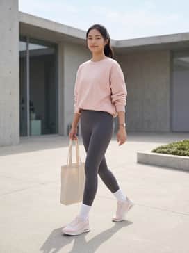 High-waisted charcoal grey leggings paired with a matching oversized blush pink sweatshirt and white crew socks for a coordinated athleisure look.