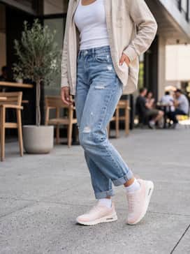 Distressed light-wash boyfriend jeans cuffed at the ankle, styled with a simple white ribbed tank top and a beige linen button-down worn open as a light layer.