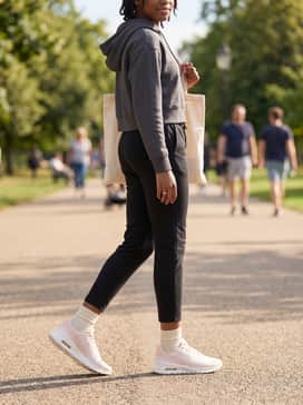 Black slim-fit joggers and a sleek cropped hoodie in a neutral tone, topped with a canvas tote bag for a practical urban shopping outfit.
