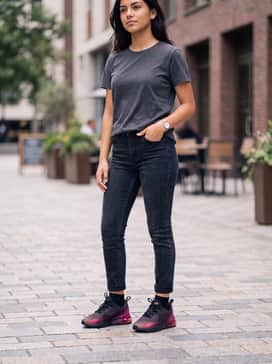 Match them with dark-wash slim-fit jeans and a simple charcoal grey t-shirt to let the vibrant colors of the shoes serve as the outfit's focal point.