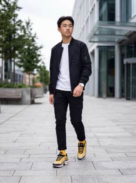 Air Max Plus Vii – Black utility cargo pants paired with a crisp white graphic t-shirt and a lightweight black bomber jacket for a classic urban look.