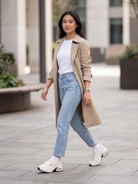 A pair of light-wash straight-leg jeans with a frayed hem, a crisp white cropped t-shirt, and an oversized beige trench coat for a classic city-dweller look.
