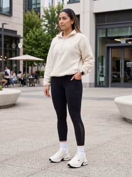 Air Max Portal – High-waisted black flared leggings paired with a cream-colored quarter-zip fleece and a sleek black nylon headband for a coordinated gym-to-brunch outfit.