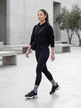 High-waisted black leggings paired with a cropped grey hoodie and a sleek nylon puffer jacket for a modern athleisure aesthetic.