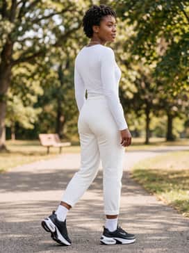 Tailored black joggers with a crisp white long-sleeve bodysuit and a silver chain necklace to lean into the chunky sneaker trend.
