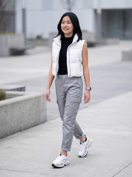 Silver utility-style cargo pants paired with a tight black bodysuit and a cropped white puffer vest for a high-energy techwear look.
