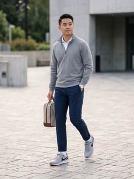 A performance-focused look featuring navy tapered golf trousers, a white technical polo shirt, and a matching grey quarter-zip pullover.