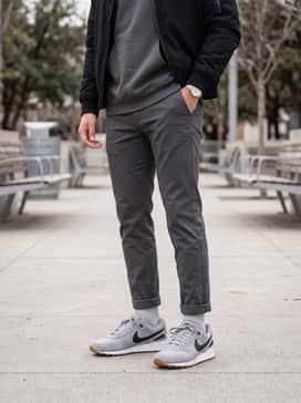 An urban streetwear ensemble with slim-fit black denim jeans, a charcoal grey oversized hoodie, and a black bomber jacket.