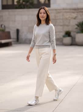 Wide-leg cream linen trousers and a tucked-in silver silk camisole for a sophisticated yet comfortable daytime ensemble.