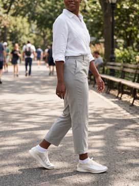 High-waisted tailored grey shorts and a crisp white button-down shirt with the sleeves rolled up for a smart-casual summer look.