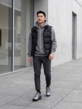 Black slim-fit joggers paired with a heather grey oversized hoodie and a black puffer vest for a cohesive athleisure vibe.