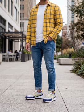 Air Zoom Spiridon Sp – A classic casual ensemble with slim-fit medium-wash denim jeans rolled at the cuff, a crisp white heavyweight t-shirt, and an unbuttoned yellow flannel shirt for a pop of color coordination.