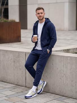 A sporty athleisure outfit consisting of navy blue slim-fit joggers, a matching zip-up hoodie, and a silver-toned watch to complement the metallic Swoosh.