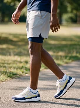 Air Zoom Spiridon Sp – A summer-ready smart-casual outfit with light grey tailored shorts, a navy linen button-down shirt with the sleeves rolled up, and white no-show socks.