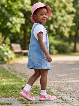 A light-wash denim overall dress layered over a simple white tee, accessorized with a pink sun hat for a cute and casual summer outing.