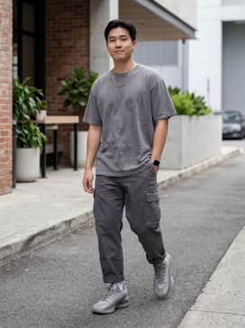 A pair of oversized charcoal cargo pants with a vintage-wash graphic tee and a silver box-chain necklace for a quintessential streetwear aesthetic.