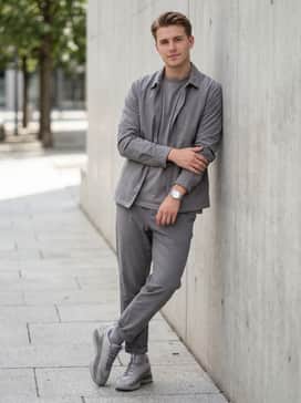 Relaxed-fit light wash denim with a clean cuff, a heavyweight white cotton t-shirt, and an unbuttoned grey flannel shirt for a layered casual vibe.