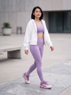 Aone Dog Mom – High-waisted lavender performance leggings paired with a matching sports bra and an oversized white zip-up hoodie for a coordinated, active look.