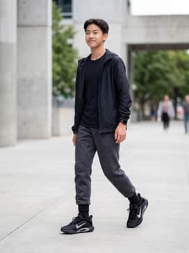 Aone – Charcoal grey tech-fleece joggers paired with a moisture-wicking black training tee and a matching Nike windbreaker for a complete athletic look.