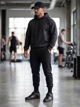 Tapered black fleece joggers that cinch at the ankle to showcase the shoe's structure, combined with an oversized metallic-printed graphic hoodie and a structured baseball cap.