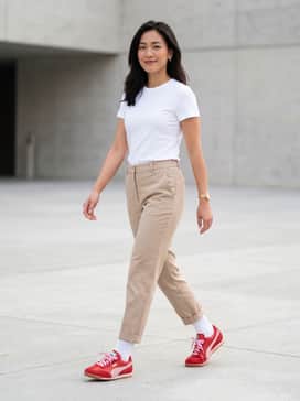 Arizona Bow Womens Sneakers – A white pleated tennis skirt paired with a fitted red polo shirt and delicate gold jewelry for a sporty yet feminine preppy look.