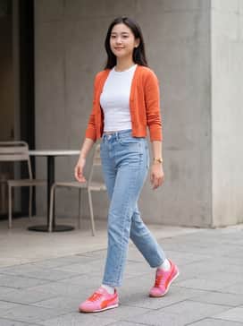 Arizona Energy – High-waisted light wash straight-leg jeans, a white baby tee, and an orange cropped cardigan to highlight the shoe accents.