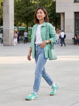 Arizona Nylon Womens Sneakers – Light-wash straight-leg jeans with a tucked-in white organic cotton tee and a matching mint green accessories for a cohesive look.