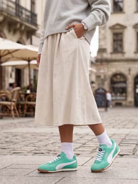 A cream-colored midi skirt and a light grey oversized sweater for a comfortable yet polished everyday outfit.