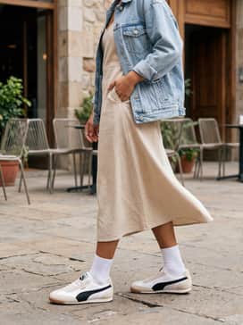 Style with a neutral-toned midi slip dress and an oversized denim jacket to balance feminine elegance with a sporty, casual edge.