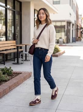 Dark wash straight-leg jeans with a slightly rolled cuff, paired with a cream-colored chunky knit sweater and a burgundy leather crossbody bag to echo the shoe's rich tones.