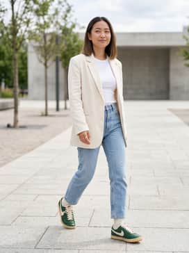 High-waisted, straight-leg light wash denim paired with a tucked-in white ribbed baby tee and an oversized cream linen blazer for a balanced, elevated casual look.